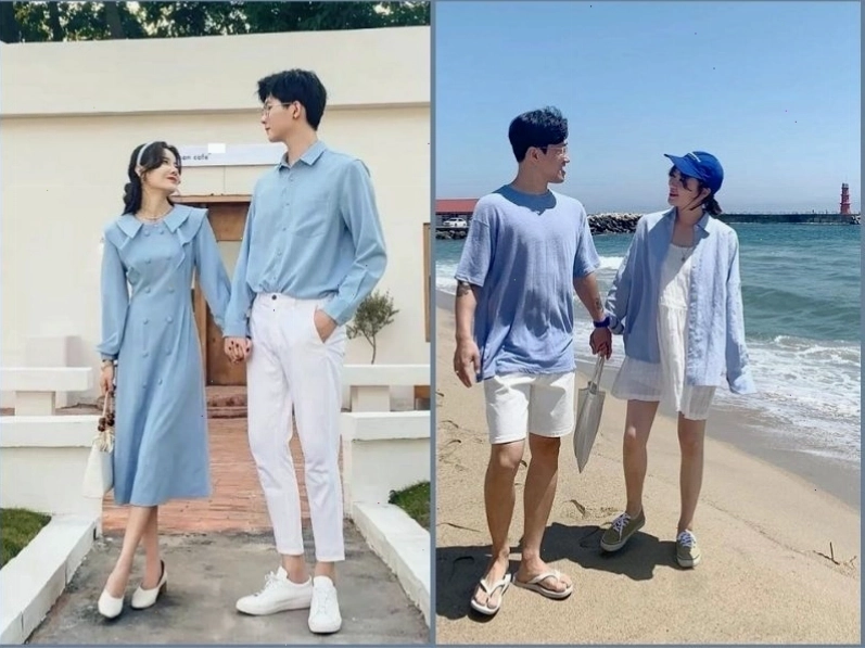 Cặp đôi diện trang phục tone sur tone màu xanh mint dạo bước trên phố đông đúc