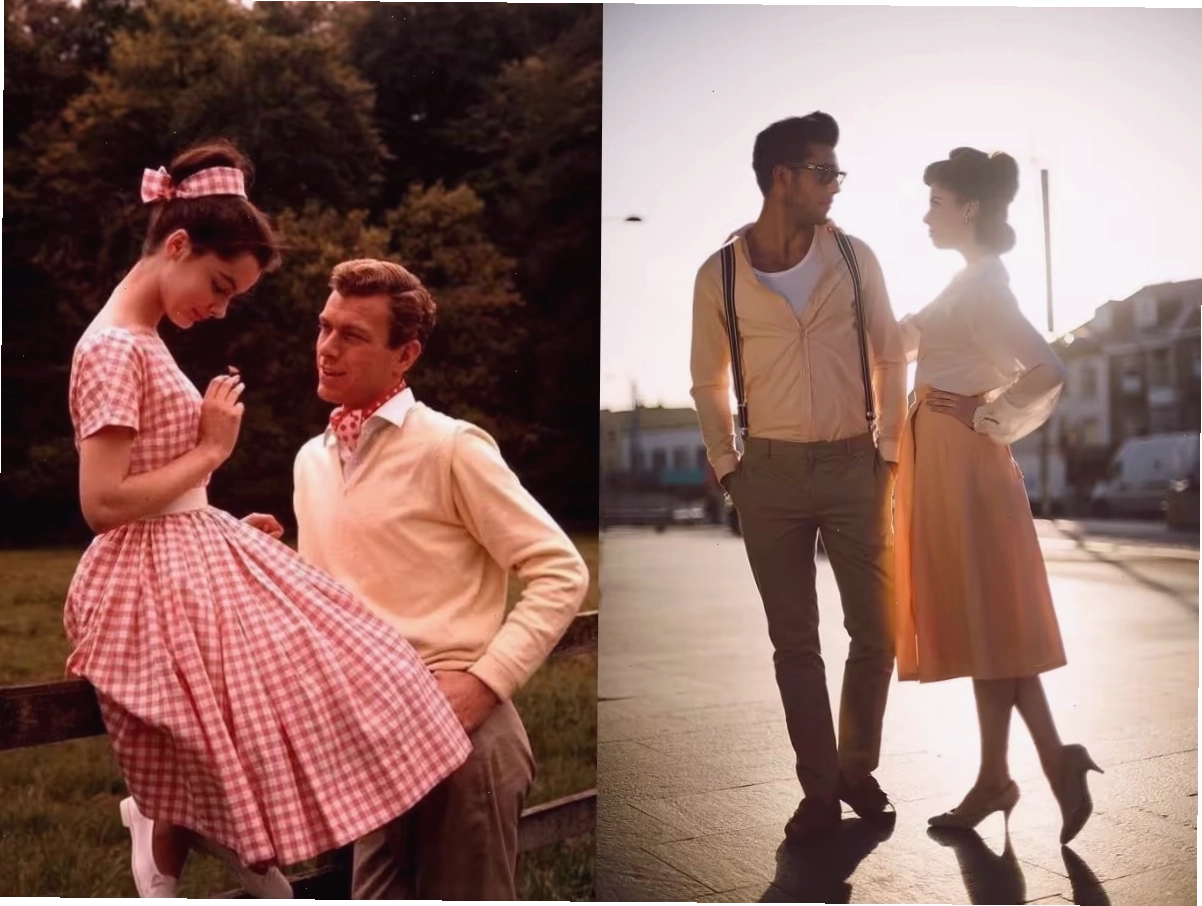 Cặp đôi diện trang phục vintage tông màu be, cô gái đội mũ rộng vành, chàng trai đeo kính râm, tay trong tay trên con đường rợp bóng cây