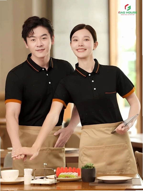 Cặp đôi mặc áo đồng phục nhà hàng, tạo dáng vui vẻ bên nhau