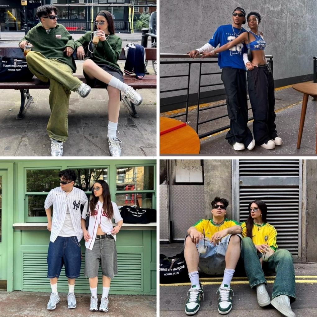 Cặp đôi mặc áo hoodie và quần jogger theo phong cách streetwear, tạo dáng sành điệu