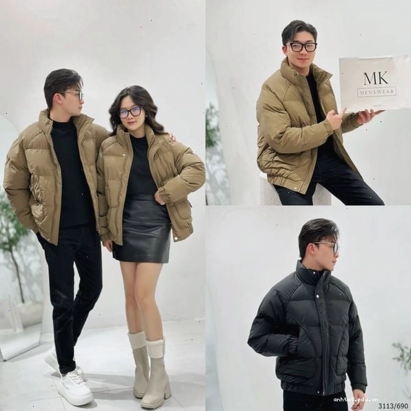 Cặp đôi mặc áo khoác phao nam nữ hai màu đen và nâu, tạo dáng điệu đà