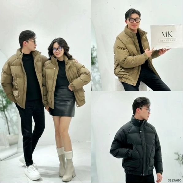 Cặp đôi mặc áo khoác phao trần bông ấm áp, tạo dáng nhìn nhau