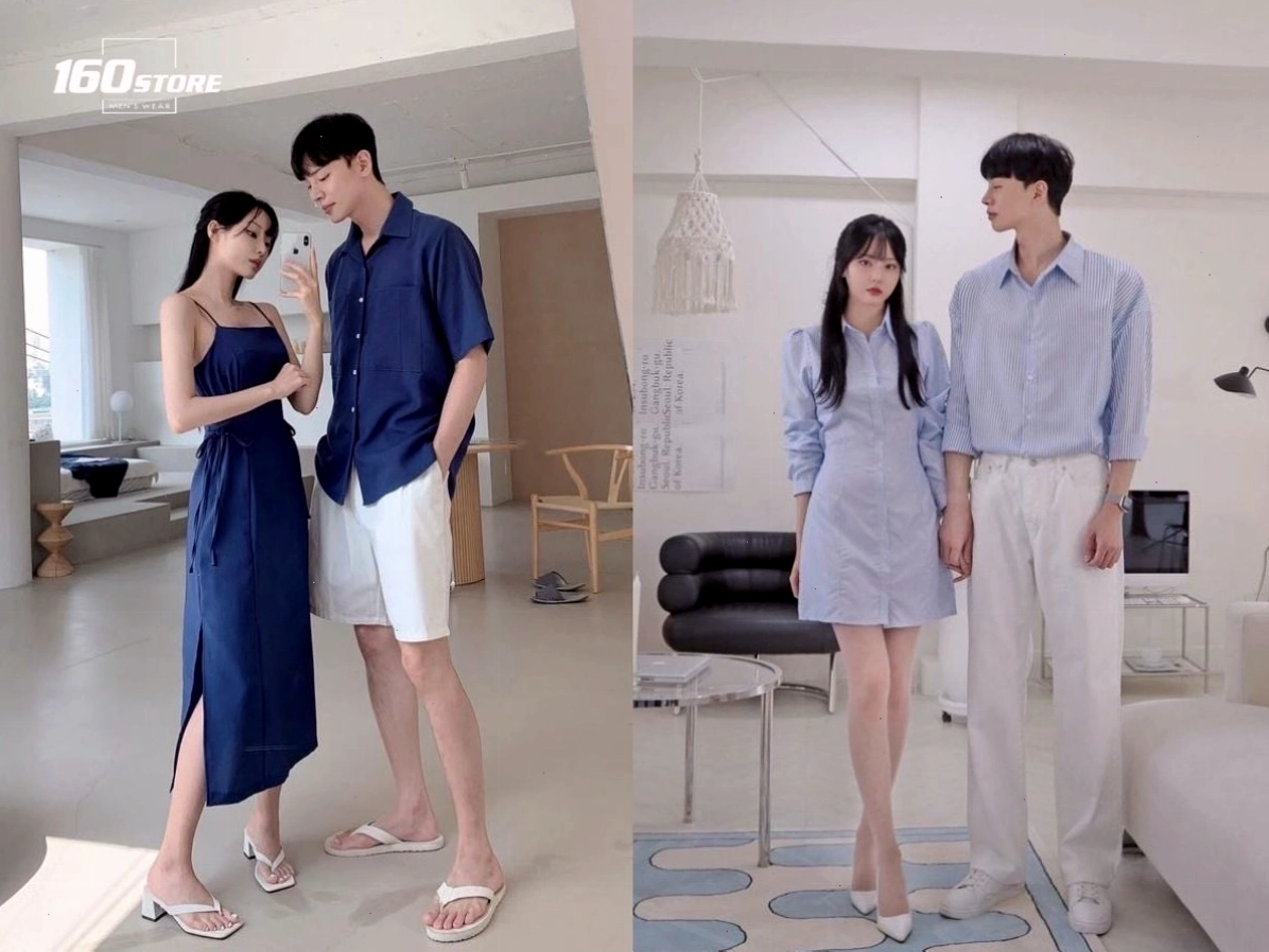 Cặp đôi mặc áo sơ mi kẻ sọc và quần tây, tạo dáng tự tin trên phố