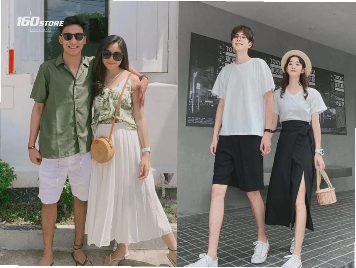 Cặp đôi mặc đồ đôi đi biển, cô gái diện bikini và áo khoác lưới, chàng trai diện áo sơ mi trắng và quần short