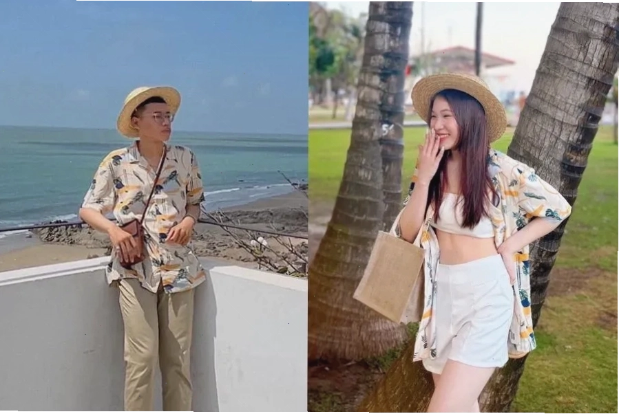 Cặp đôi mặc đồ đôi đi biển với áo sơ mi và quần short, cả hai đang cười tươi và nhìn nhau trên bãi cát