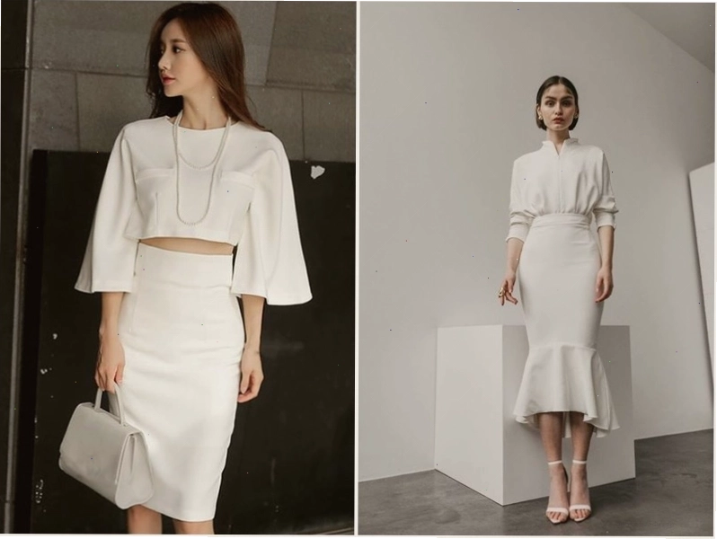 Cặp đôi mặc đồ đôi màu trắng, cô gái mặc áo croptop và chân váy, chàng trai mặc áo phông và quần short, cả hai đang cười đùa trên đường phố