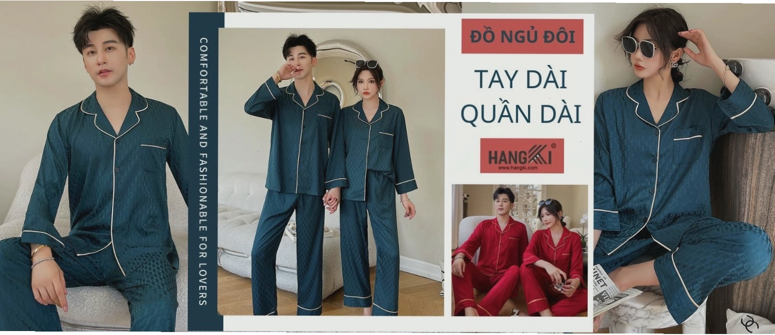 Cặp đôi mặc đồ ngủ đôi, cùng nhau vui đùa trên giường