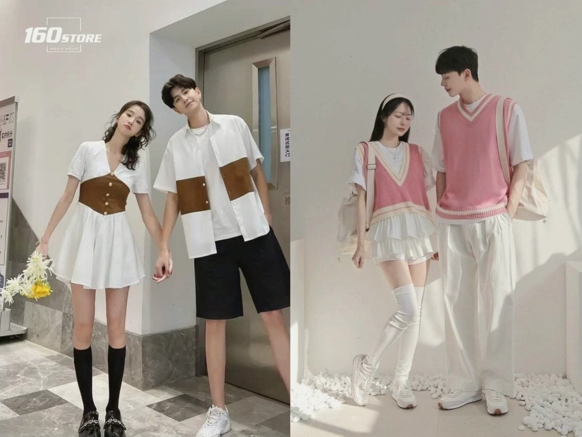 Cặp đôi phối đồ đôi với màu sắc bổ sung, tạo nên tổng thể hài hòa