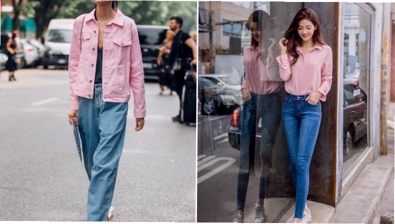 Cặp đôi phối đồ hồng và xanh denim, tạo dáng năng động trên xe máy