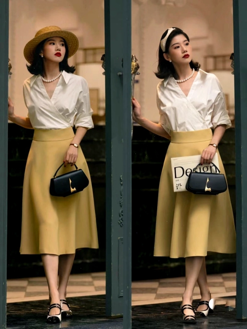Chân váy dài vintage dáng suông màu đen, cạp cao, phối cùng áo kiểu họa tiết