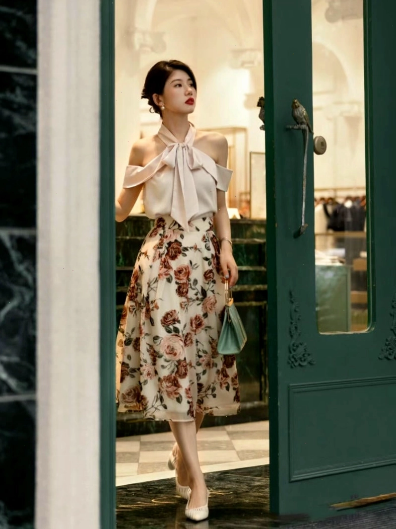 Chân váy dài vintage dáng xòe màu xanh lá cây, cạp cao