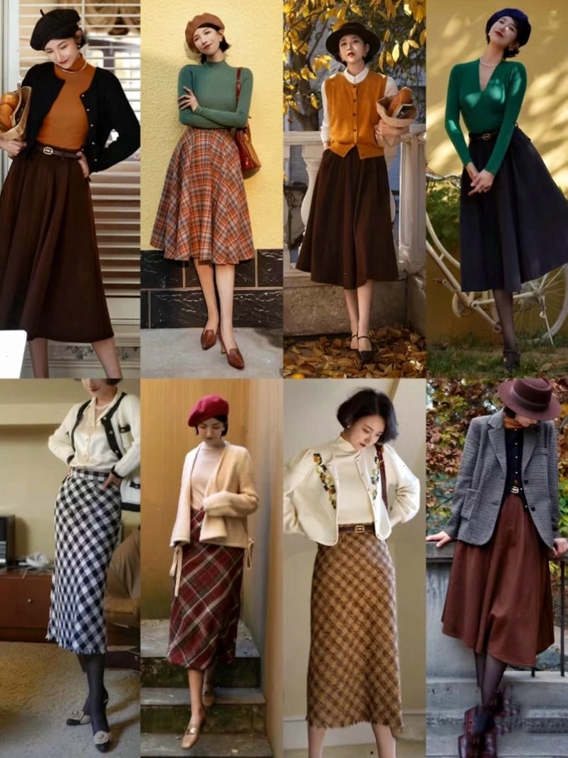 Chân váy dài vintage xếp ly màu be, cạp cao, phối cùng áo sơ mi trắng oversize và giày loafer