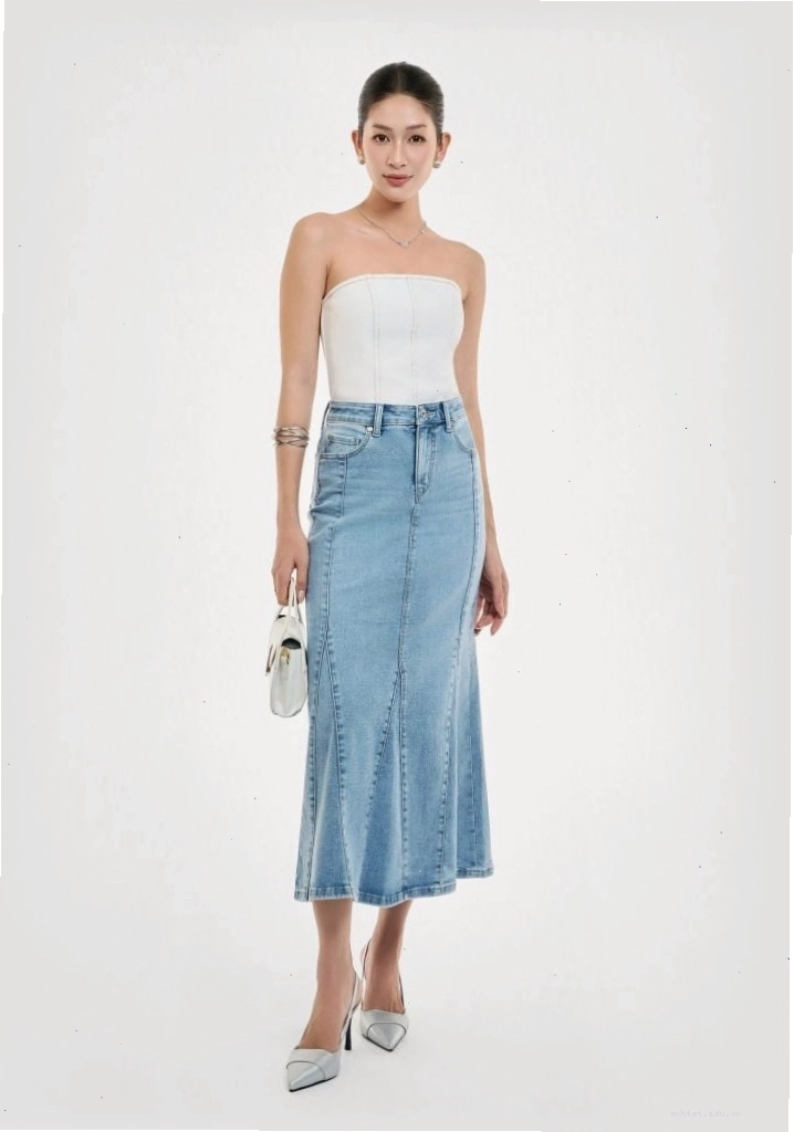 Chân váy denim midi dáng đuôi cá V-Sixtyfour