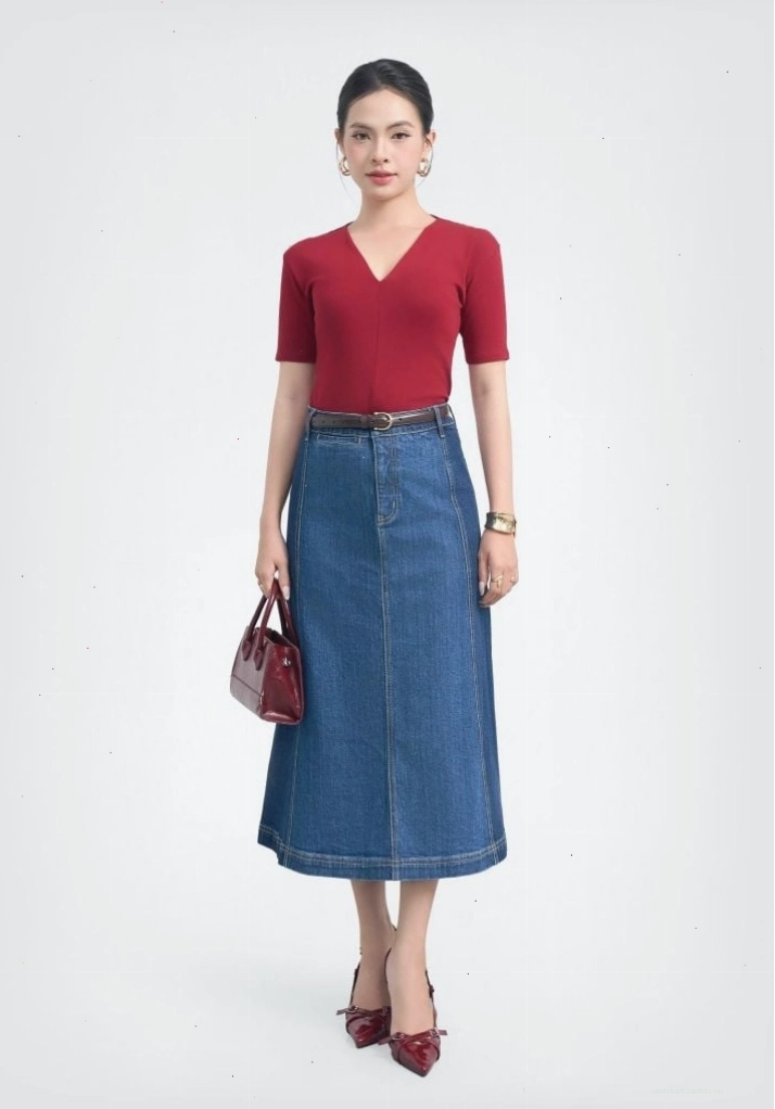 Chân váy denim nữ dáng chữ A laser sọc dọc V-Sixtyfour