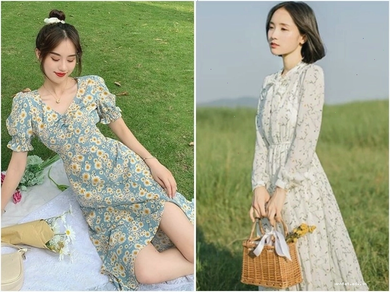 Chân váy hoa nhí vintage dáng dài xòe chữ A, màu be, họa tiết hoa cúc và lá nhỏ