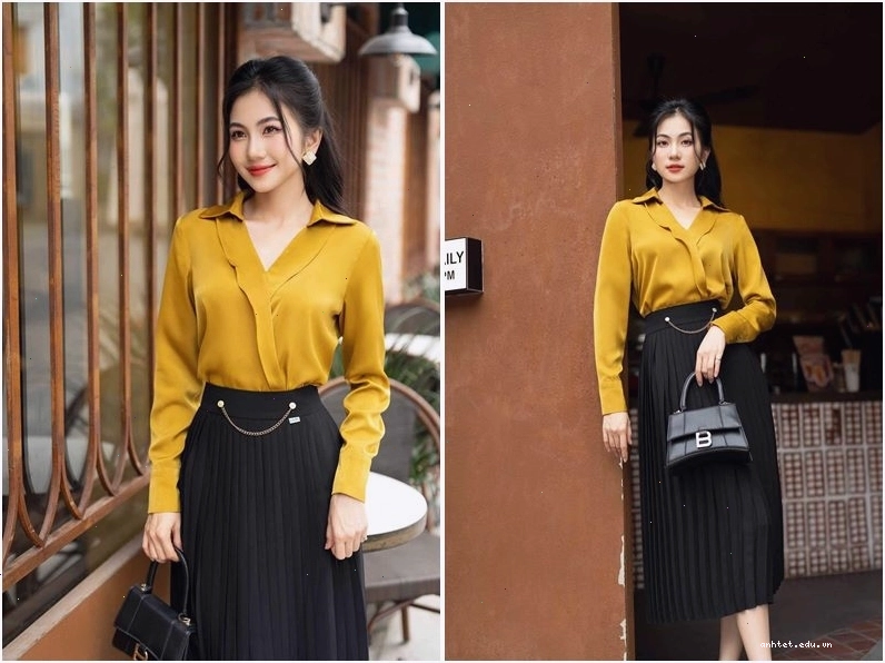 Chân váy midi xếp ly màu đỏ rượu, chất liệu vải nhung mềm mại, xếp ly tinh tế
