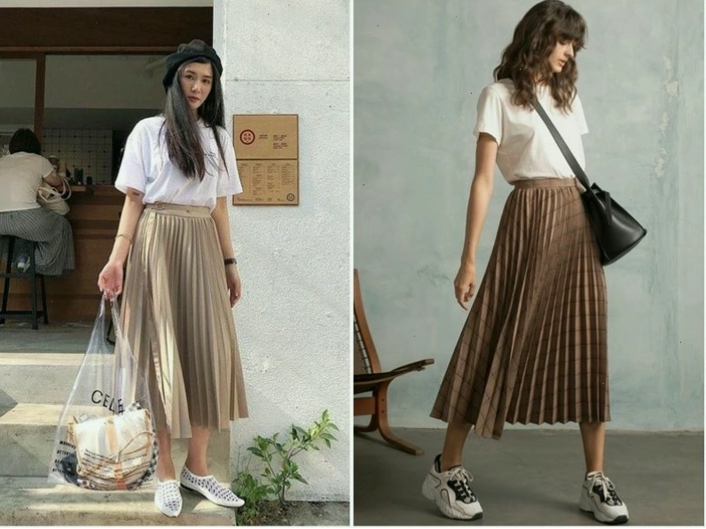 Chân váy midi xếp ly màu vàng mù tạt, chất liệu cotton, xếp ly bản nhỏ, năng động