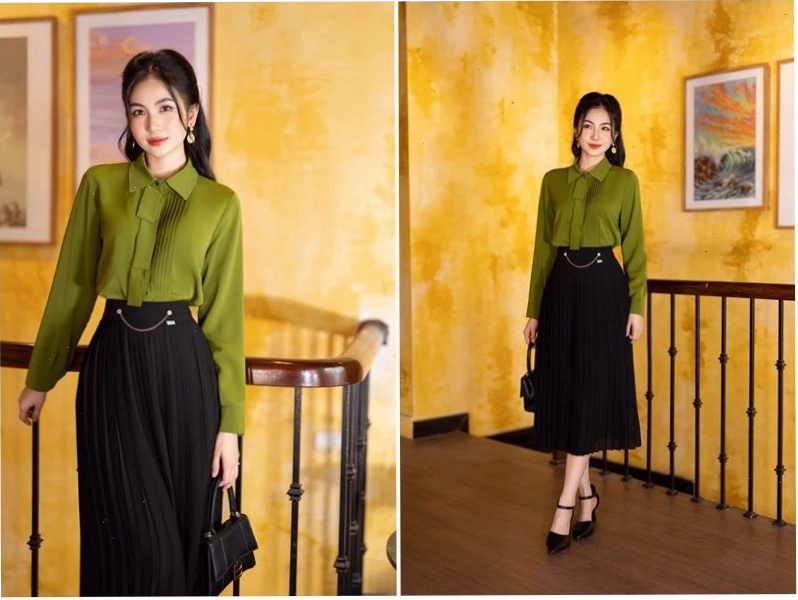 Chân váy midi xếp ly màu xanh lá cây, chất liệu linen thoáng mát, xếp ly đều và mềm mại