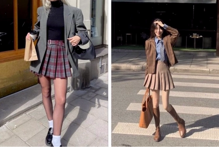 Chân váy xếp ly ngắn phối cùng áo hai dây và cardigan mỏng