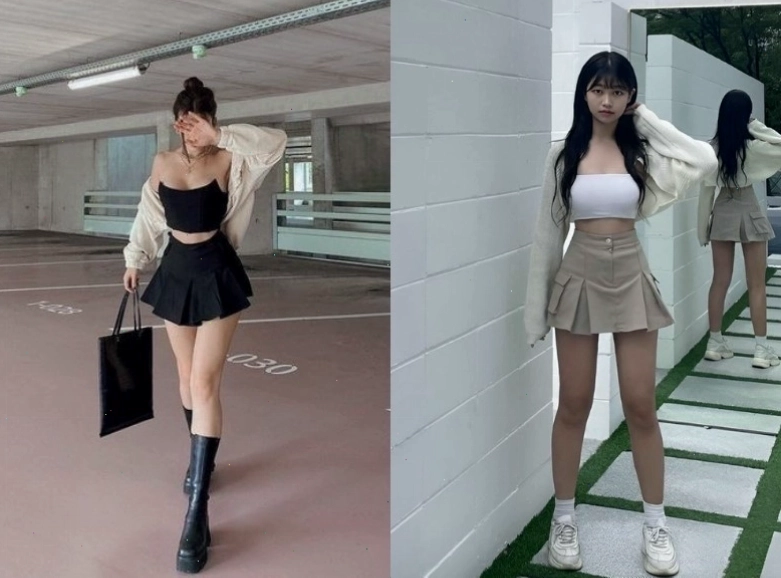 Chân váy xếp ly ngắn phối với áo sơ mi oversized và giày boot