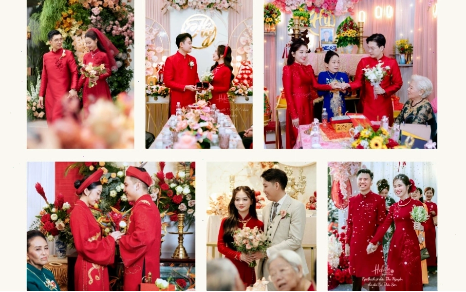 Chi tiết họa tiết thêu trên tà áo dài cưới truyền thống