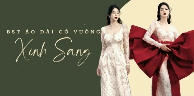 Cô gái diện áo dài cổ vuông màu hồng pastel tay bồng dịu dàng