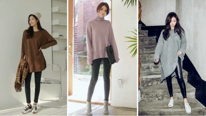 Cô gái diện áo len dáng dài màu be, quần legging đen và boot cổ thấp