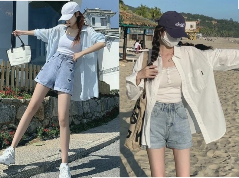 Cô gái diện áo sơ mi oversize khoác ngoài áo hai dây và quần short