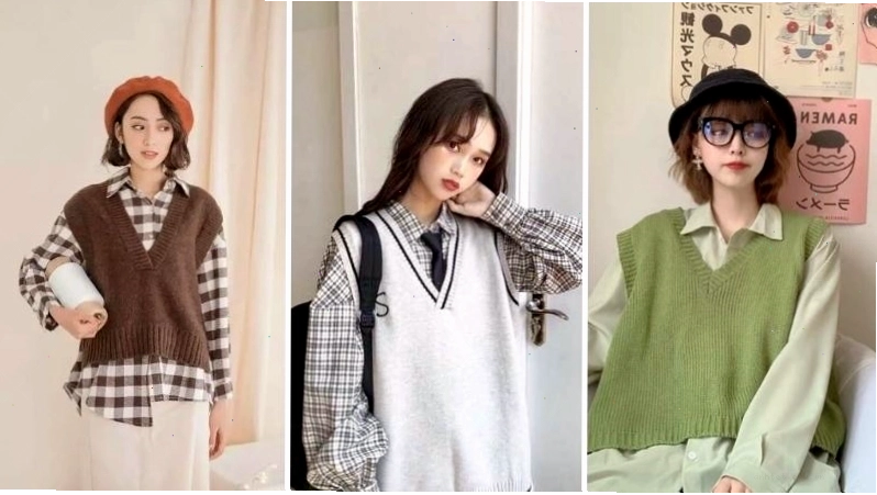 Cô gái diện áo sơ mi trắng, áo gile len xám và quần tây đen