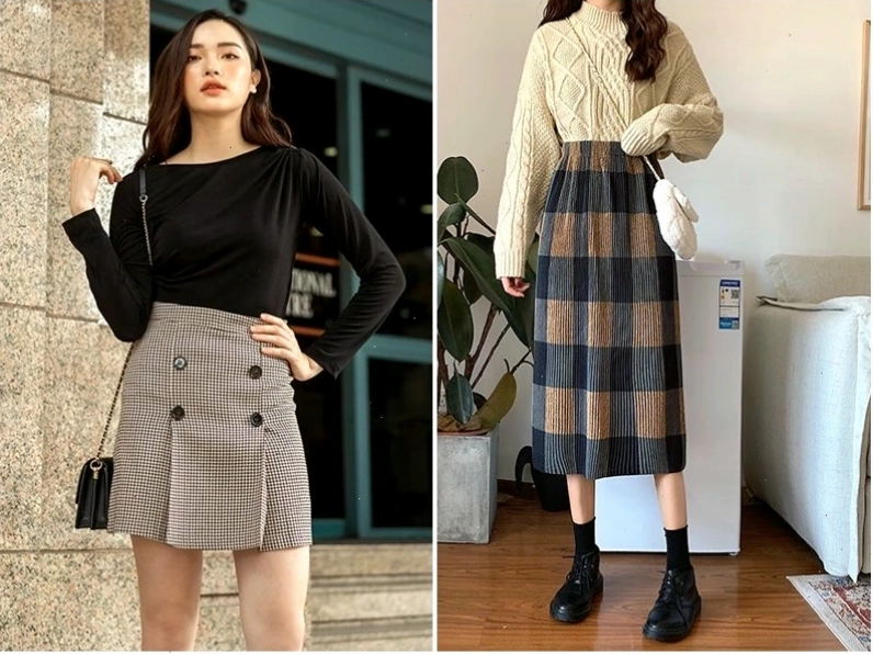 Cô gái diện chân váy công sở dáng chữ A màu đen với áo thun và giày sneakers