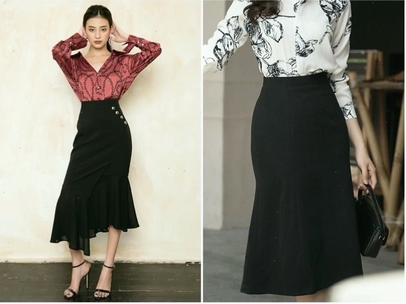 Cô gái diện chân váy công sở dáng dài màu trắng cùng áo blouse và giày búp bê