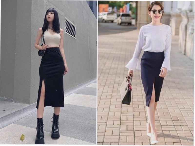 Cô gái diện chân váy công sở dáng dài màu xám cùng áo sơ mi và giày mule