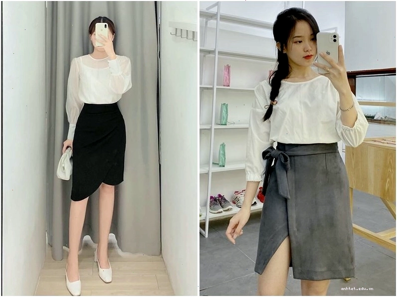 Cô gái diện chân váy công sở lệch tà màu trắng cùng áo kiểu và sandals cao gót