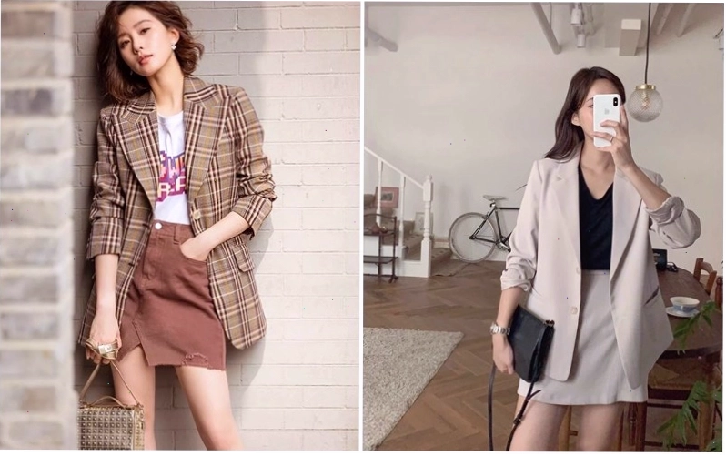 Cô gái diện chân váy công sở ngắn phối cùng áo blazer và giày cao gót