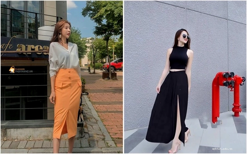 Cô gái diện chân váy công sở xẻ tà màu đen cùng áo hai dây và blazer