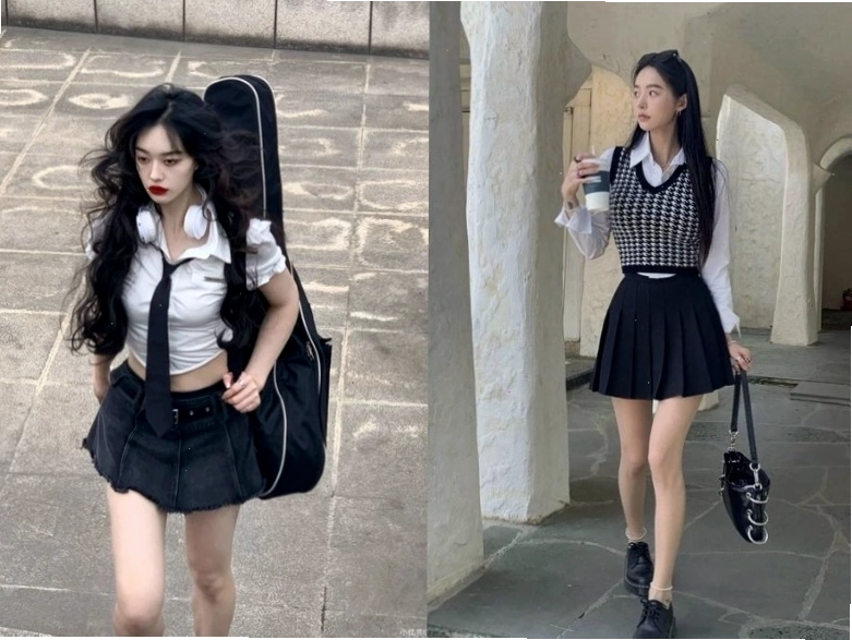 Cô gái diện chân váy xếp ly ngắn trắng với áo ba lỗ và giày sandal