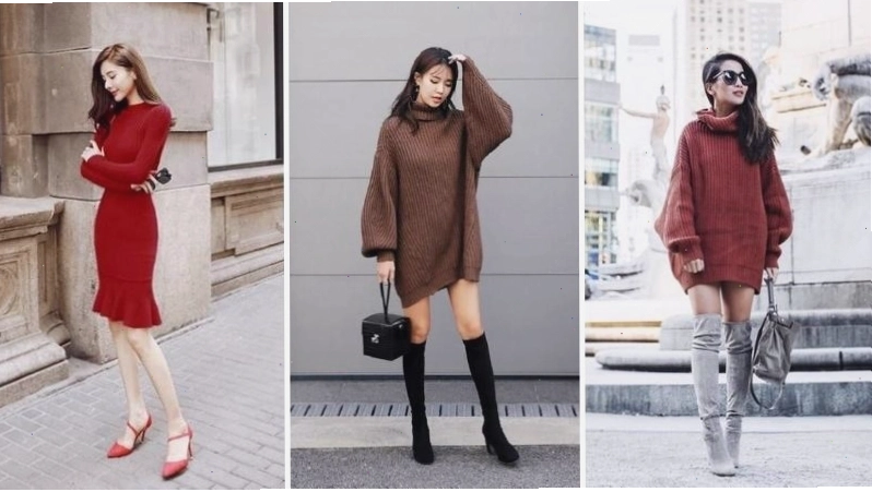 Cô gái diện đầm len ôm sát màu nâu, phối cùng giày cao gót đen