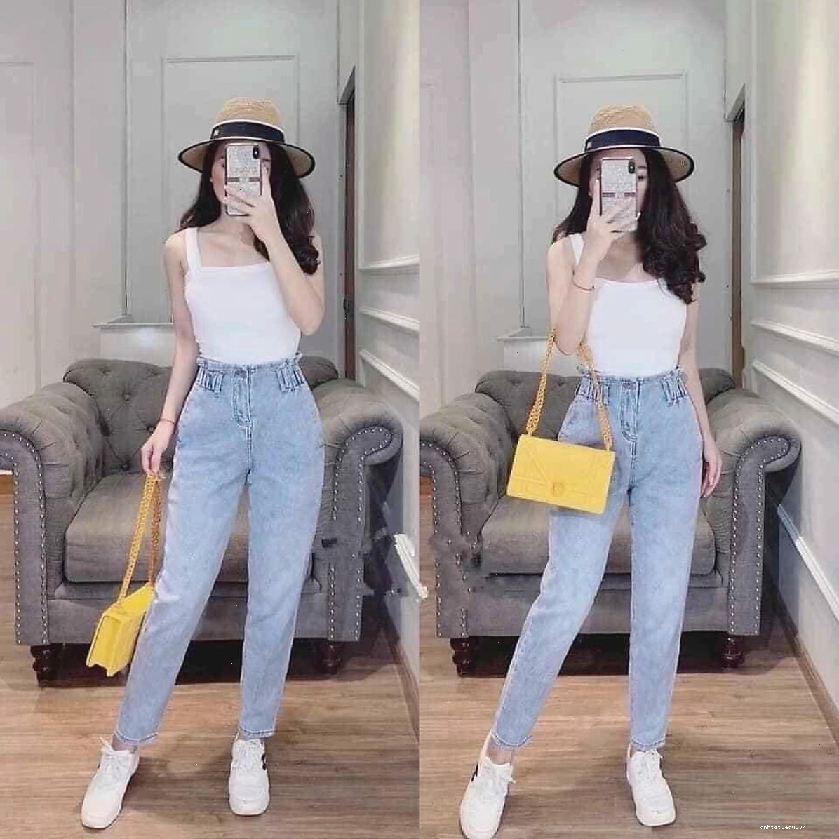 Cô gái diện quần baggy lưng cao màu nâu đất