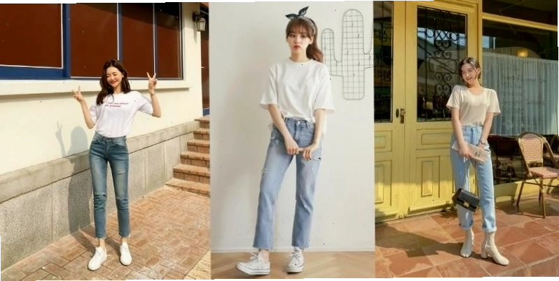 Cô gái diện quần jean rách gối và áo phông trắng
