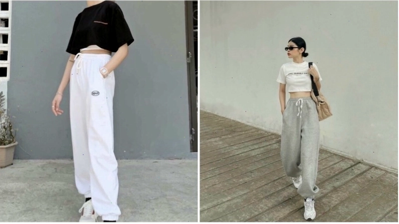 Cô gái diện quần jogger nỉ xám phối cùng áo croptop trắng và mũ lưỡi trai