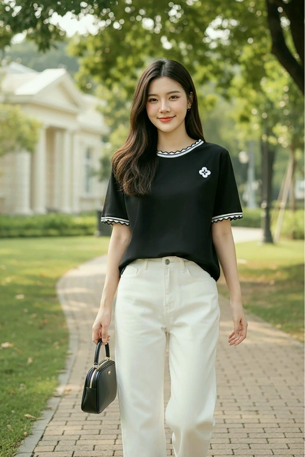 Cô gái diện trang phục basic màu be