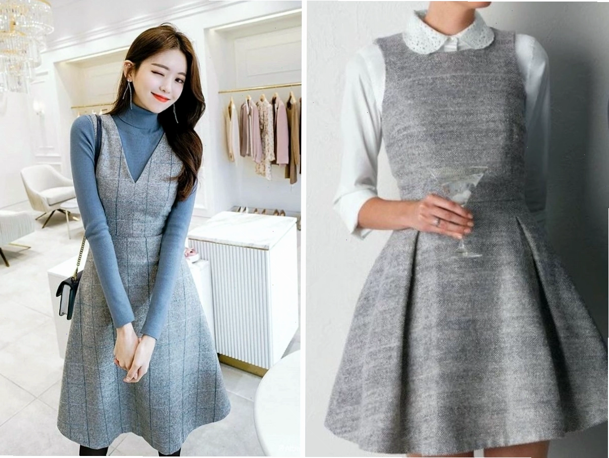 Cô gái diện váy dạ dáng dài màu be, cổ bẻ, phối cùng bốt cao cổ và túi xách bản to