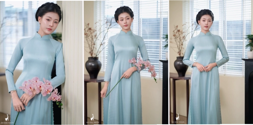 Cô gái duyên dáng trong tà áo dài tơ xanh ngọc đính ngọc trai