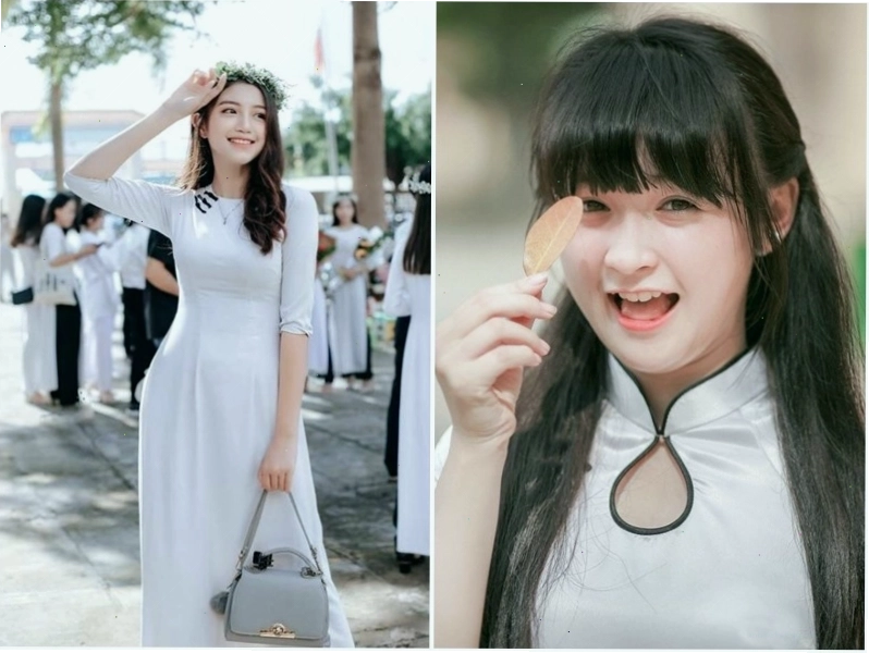 Cô gái mặc áo dài trắng cách tân với chi tiết nơ nhỏ ở cổ