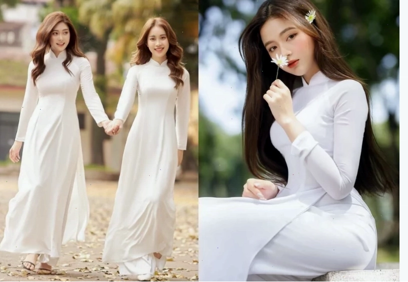 Cô gái mặc áo dài trắng học sinh với quần xanh, tay áo cách điệu