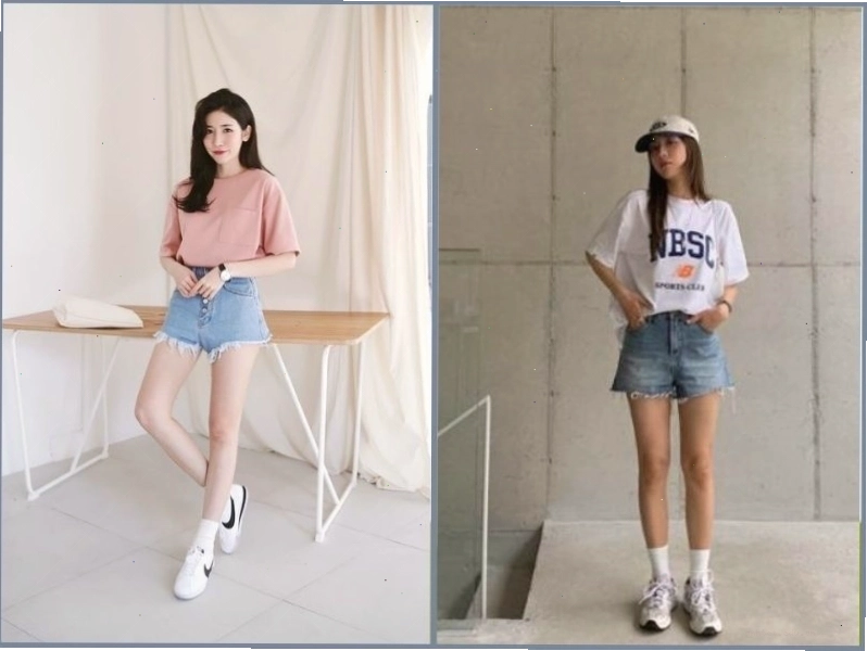 Cô gái mặc áo phông trắng và quần short jean
