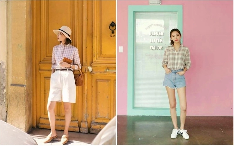 Cô gái mặc áo sơ mi caro đỏ form rộng thả phanh phối cùng quần jeans ống đứng