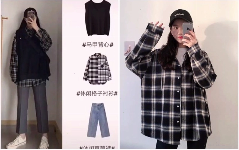 Cô gái mặc áo sơ mi caro phối cùng chân váy midi cạp cao