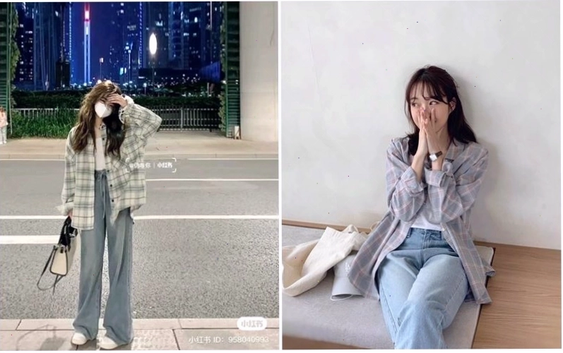 Cô gái mặc áo sơ mi caro phối cùng quần jeans ống loe và giày boot