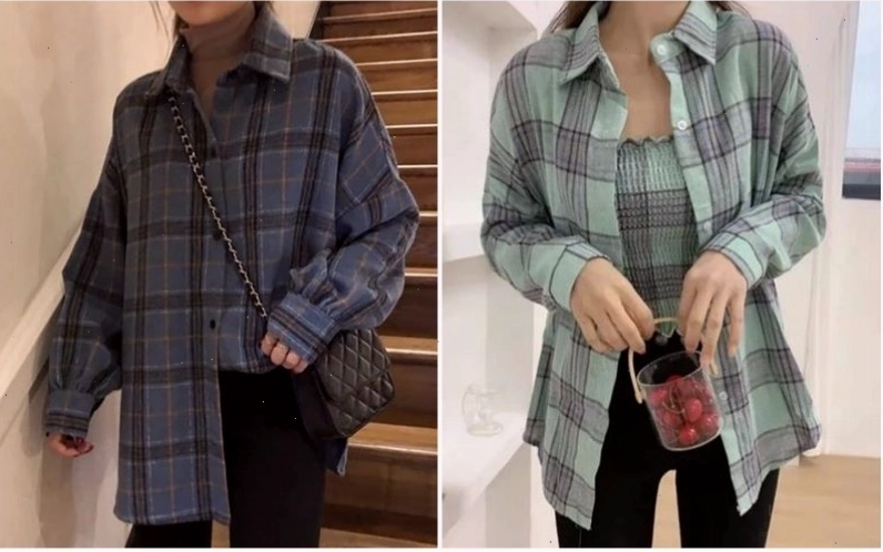 Cô gái mặc áo sơ mi caro xanh phối cùng chân váy chữ A đen
